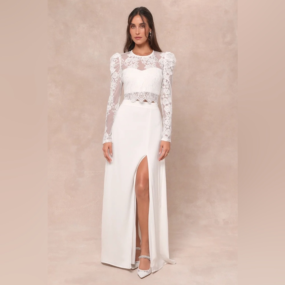 NWT Lulus Heavenly Promise White Sheer Lace Two-Piece Maxi Dress